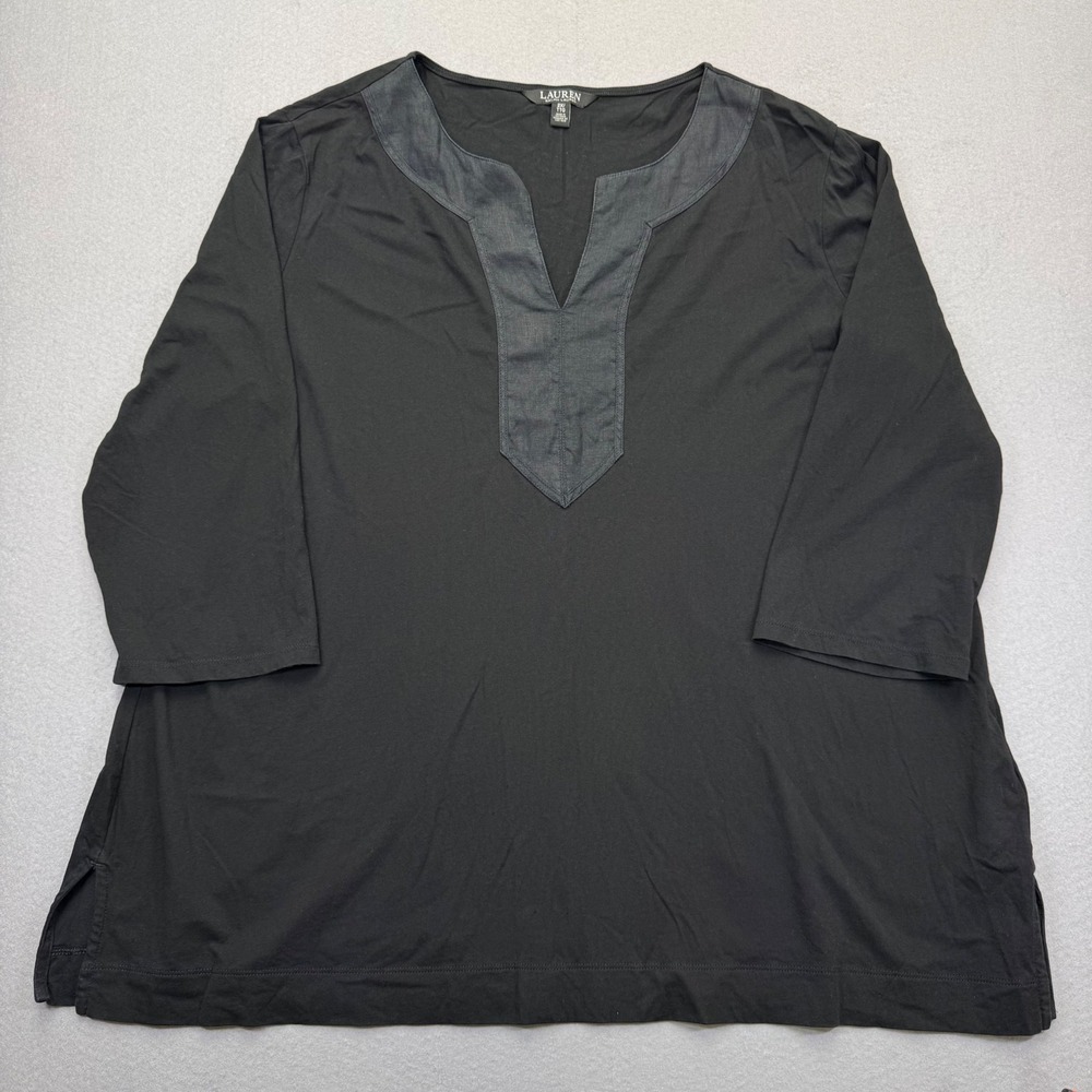 Lauren Ralph Lauren Womens 2X Black Cotton Split Neck 3/4 Sleeve Tunic Top